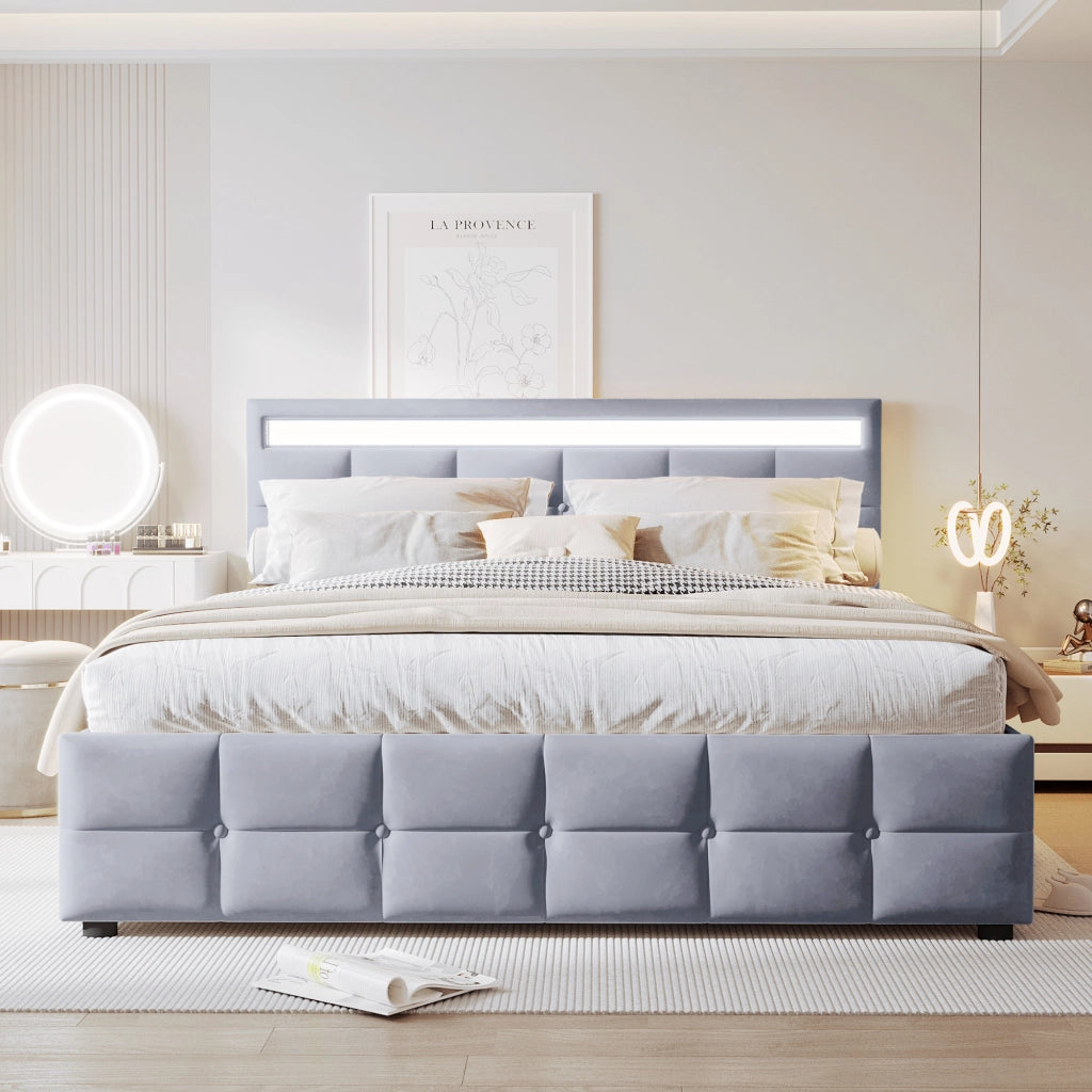Letto Contenitore 180x200 cm; Sollevamento Idraulico; LED - in Velluto Grigio