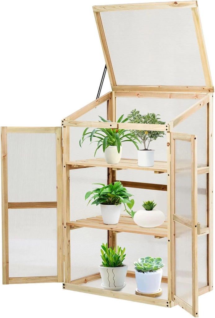 Mini Serra da Giardino a 3 Ripiani in Legno, Serra da Esterno e Interno per Piante e Orto con Coperchio e Ante Apribili, Mini Serra da Giardino e Balcone, 60 x 45 x 100 cm