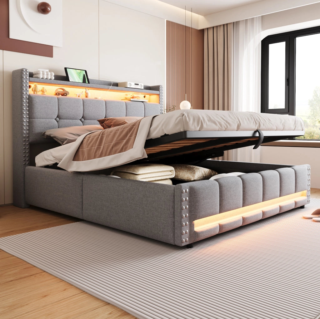 LETTO Imbottito 160x200 cm Grigio Chiaro con LED, USB e contenitore