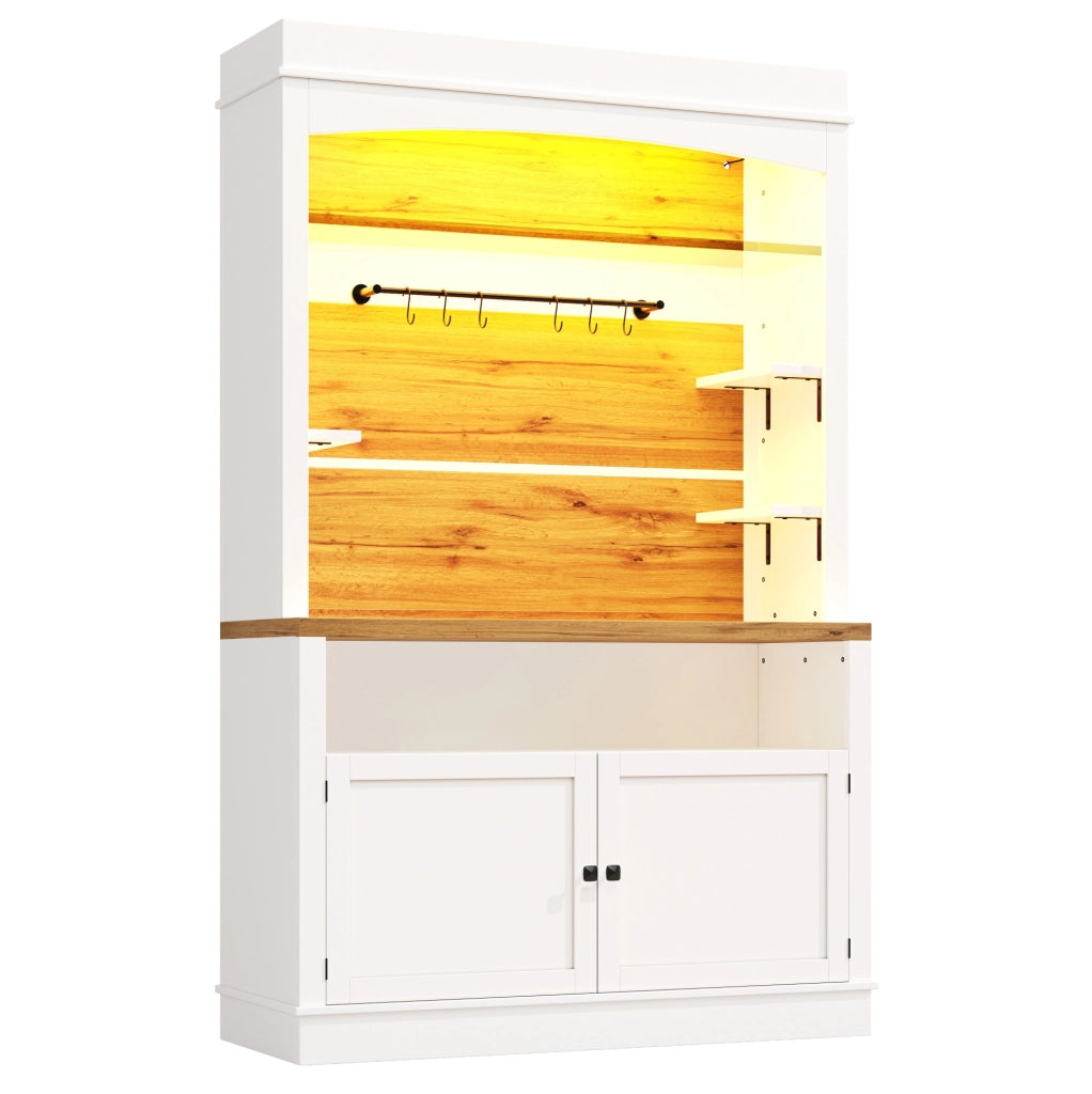 Hochschrank Weiß mit LED-Beleuchtung, Glasregal und Hakenleiste, 184 cm hoch, belastbar bis 60 kg