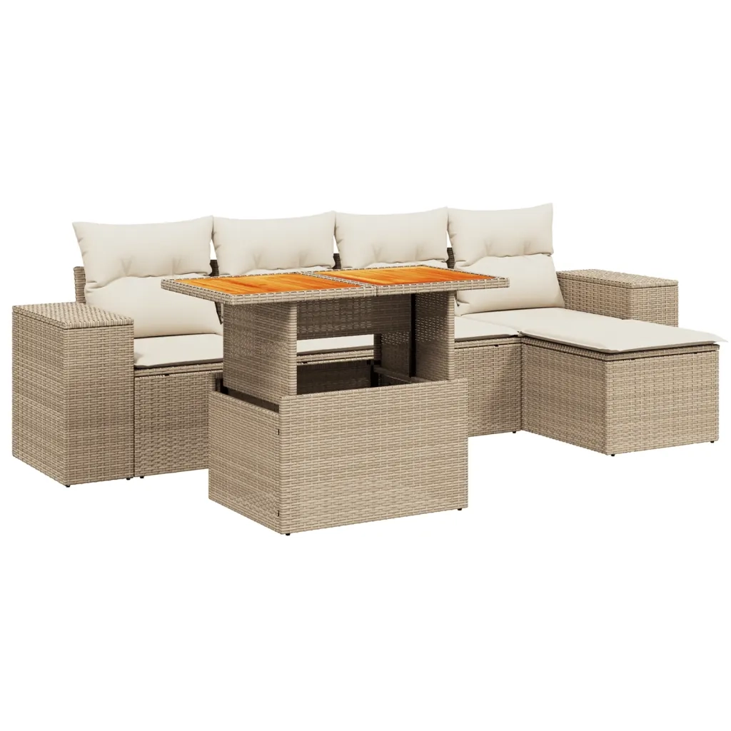Set Divano da Giardino 6 pz con Cuscini Beige in Polyrattan
