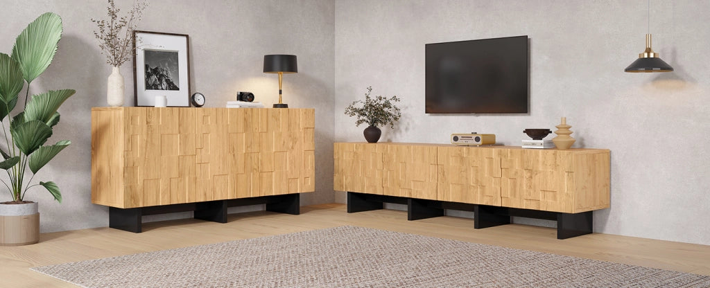 Set mobile TV e credenza ULEVR effetto legno naturale, TV 180 cm per schermi fino a 75 pollici, credenza 140 cm