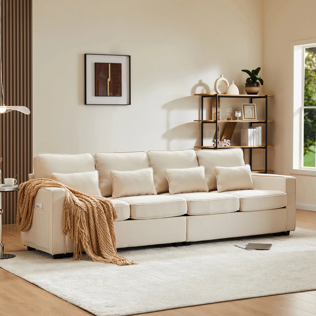 Divano 4 Posti in Tessuto con Braccioli e Cuscini ¨C MINIMAL ¨C Beige/Grigio/Verde