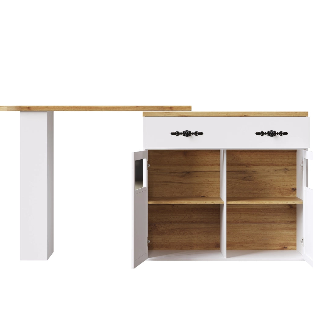 Tavolo bar allungabile girevole 360° con spazio contenitivo, 138-204 x 39 x 104 cm, bianco
