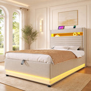 Letto imbottito con contenitore 90x200 cm; LED; USB e Type-C; lino beige