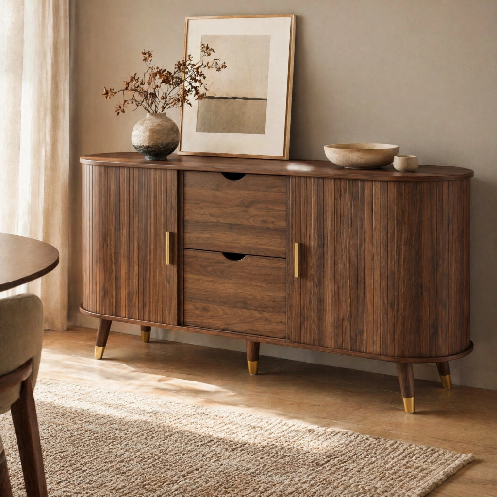 Sideboard 140 cm con 2 ante scorrevoli e 2 cassetti in MDF color noce HOMVRA