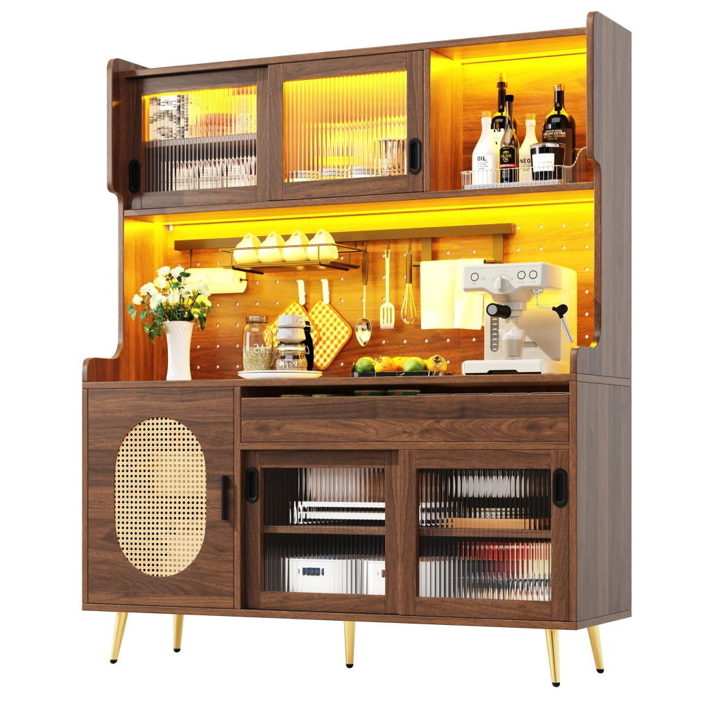 Credenza alta 145x39x171 cm in MDF marrone, 5 ante e LED per cucina