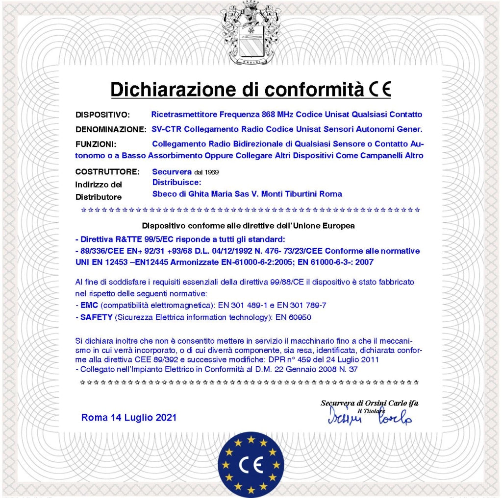 Ricetrasmettitore Frequenza 868 MHz Bidirezionale Portata 300 Metri Codifica UNISAT Anticollisione Anti Jamming Ingresso Sensori Remoti Conta Impulsi Veloci Controllo Degli Allarmi Protezione Tamper