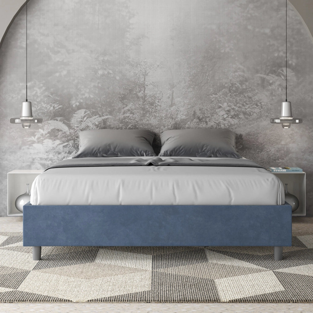 BS COM Letto matrimoniale francese con rete imbottito 140x210 microfibra blu