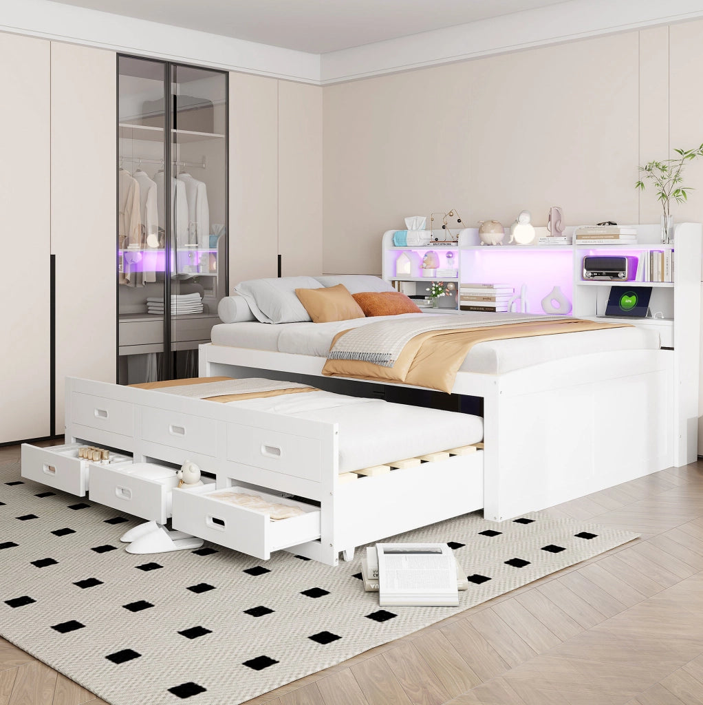 Letto multifunzionale con LED, 3 cassetti e ricarica USB + Type-C