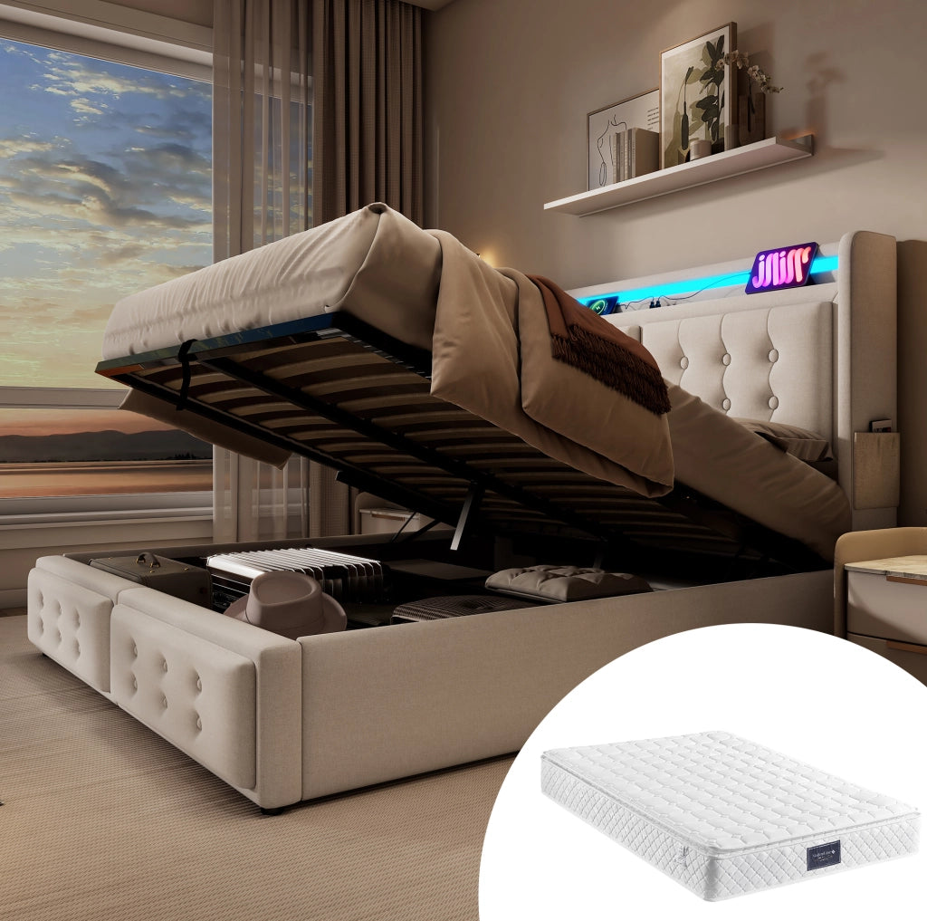 Letto imbottito 140x200 cm beige con materasso, LED e USB-C