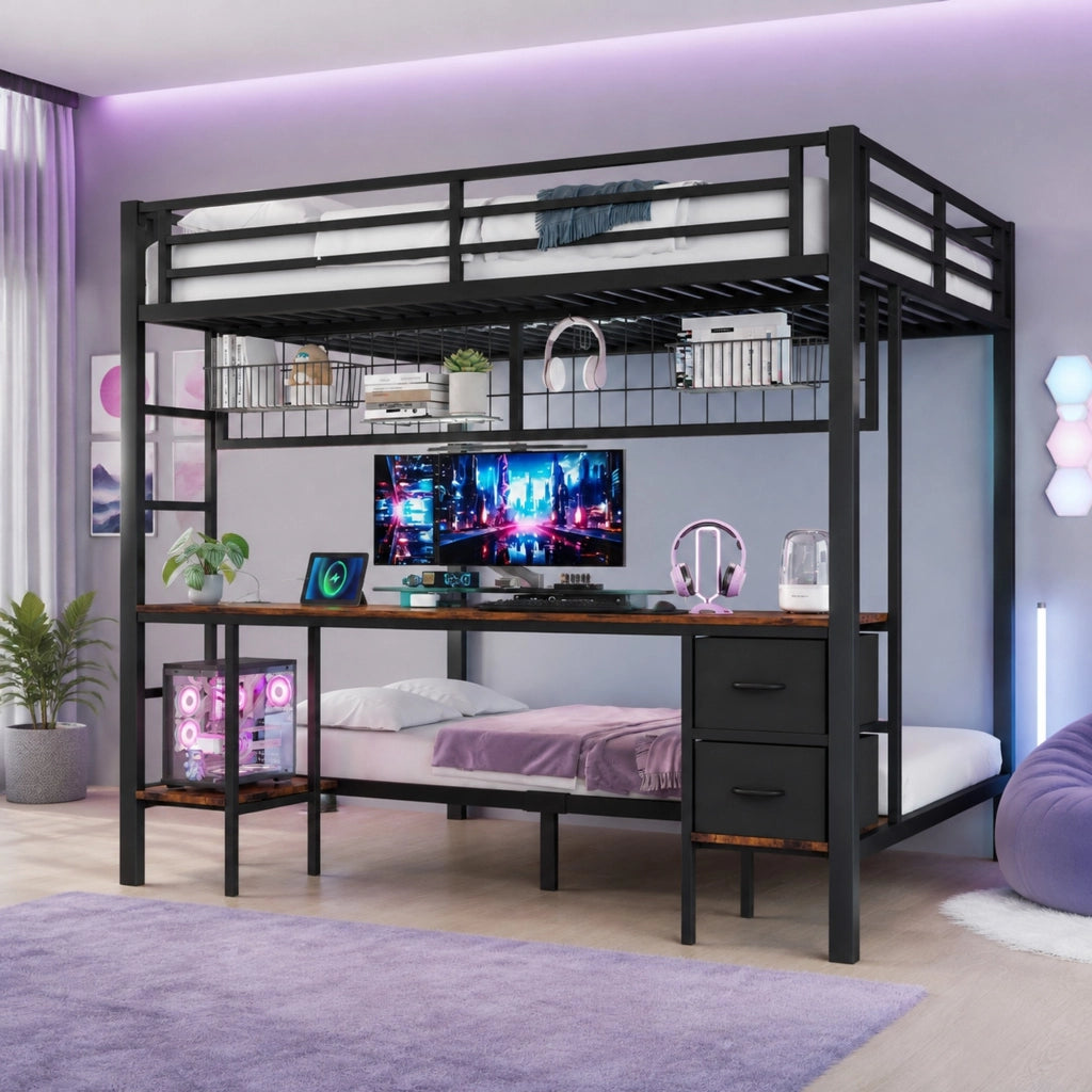 Letto a soppalco 140x200 cm con scrivania; cassetti e LED RGB in metallo e MDF nero