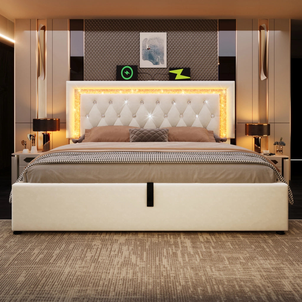 Letto imbottito 180x200 cm beige in velluto con LED, USB-C e vano contenitore