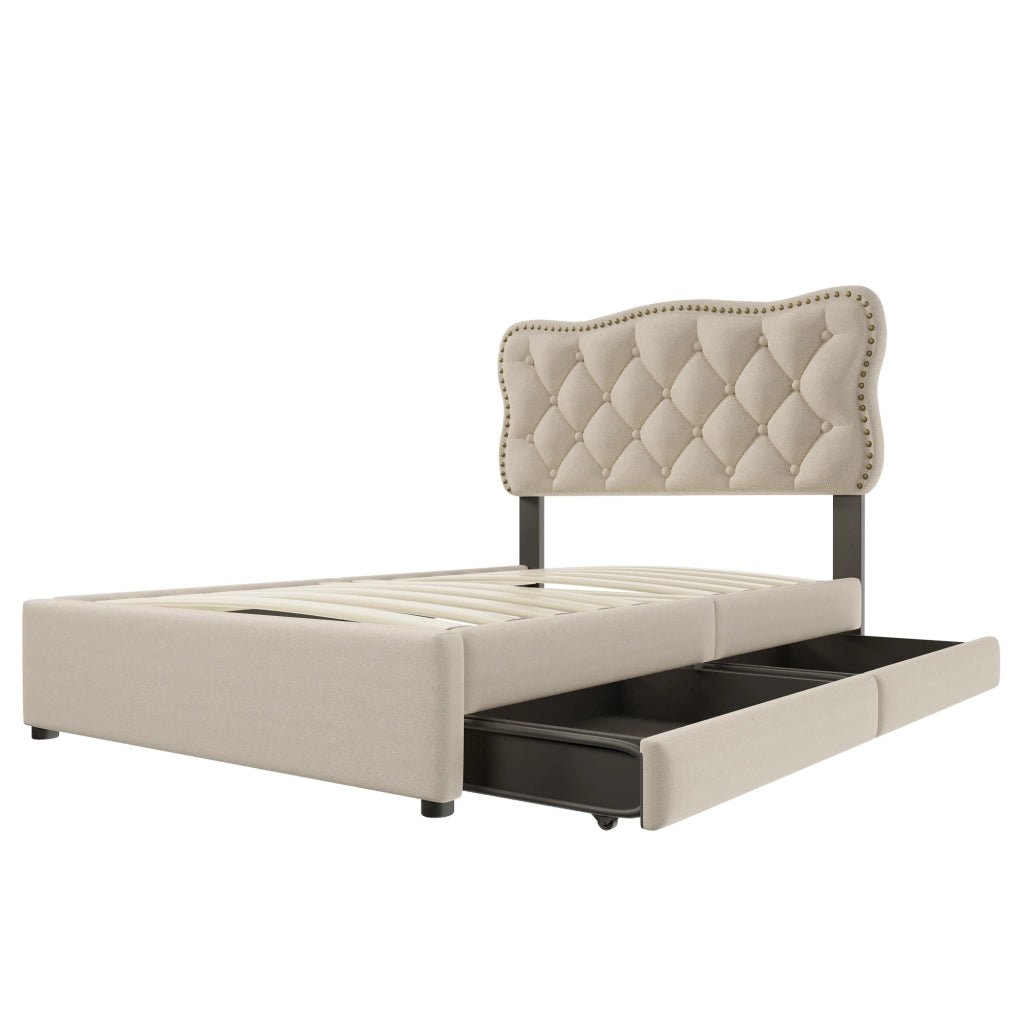 Letto singolo imbottito 90x200 cm in lino e MDF; beige scuro con 2 cassetti