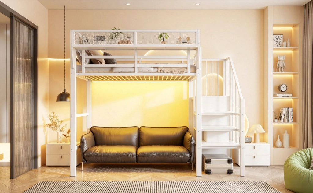 Letto a soppalco 90x200 con scala di sicurezza e LED, metallo e MDF, bianco e nero
