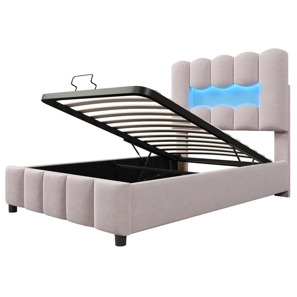 Letto Imbottito con Contenitore e LED ¨C MINIMAL ¨C Velluto Rosa 90x200