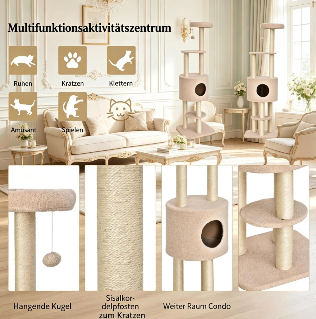 Tiragraffi multilivello beige con nicchia e tirasgraffi in sisal
