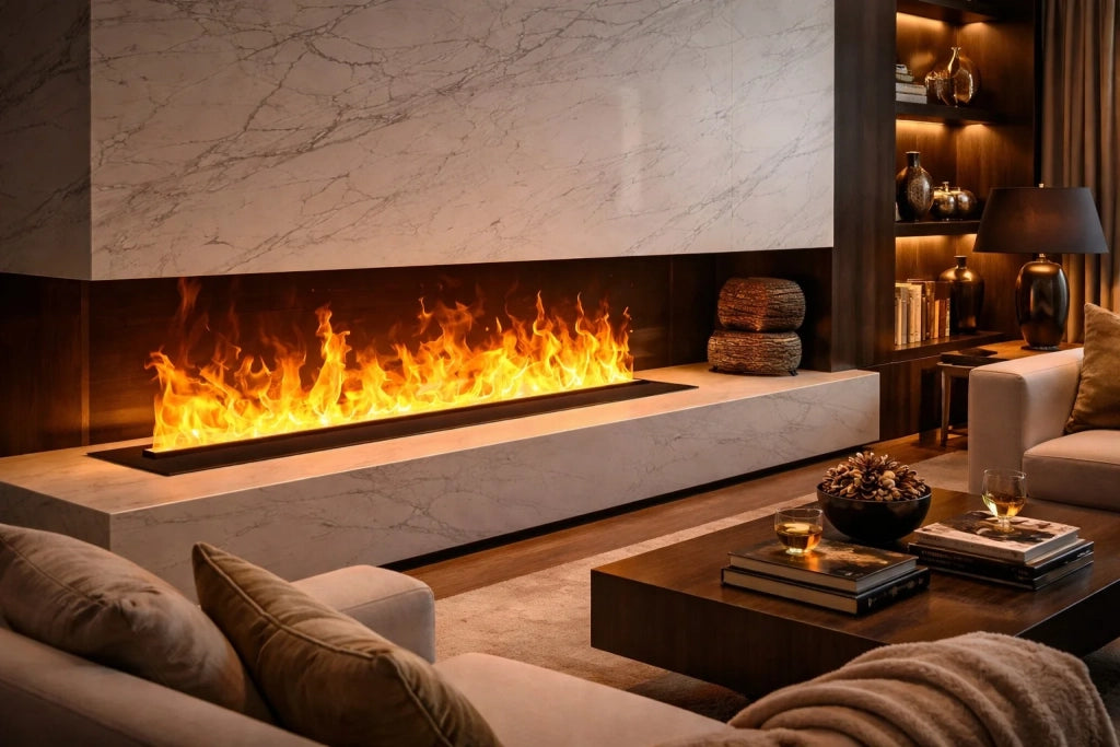 DFVAPO 150 - Inserto Camino Decorativo ad Acqua Senza Calore 150x24x21,5 cm con Effetto Fiamma a LED 3D Nero