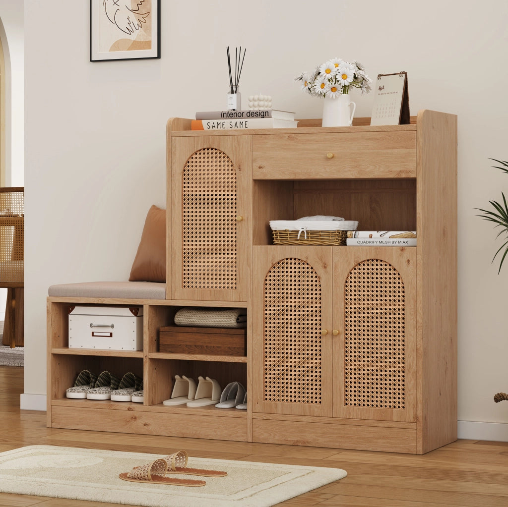 Scarpiera con panca imbottita 142x35x110 cm, 3 ante in rattan PE e cassetto, naturale HAVRYA