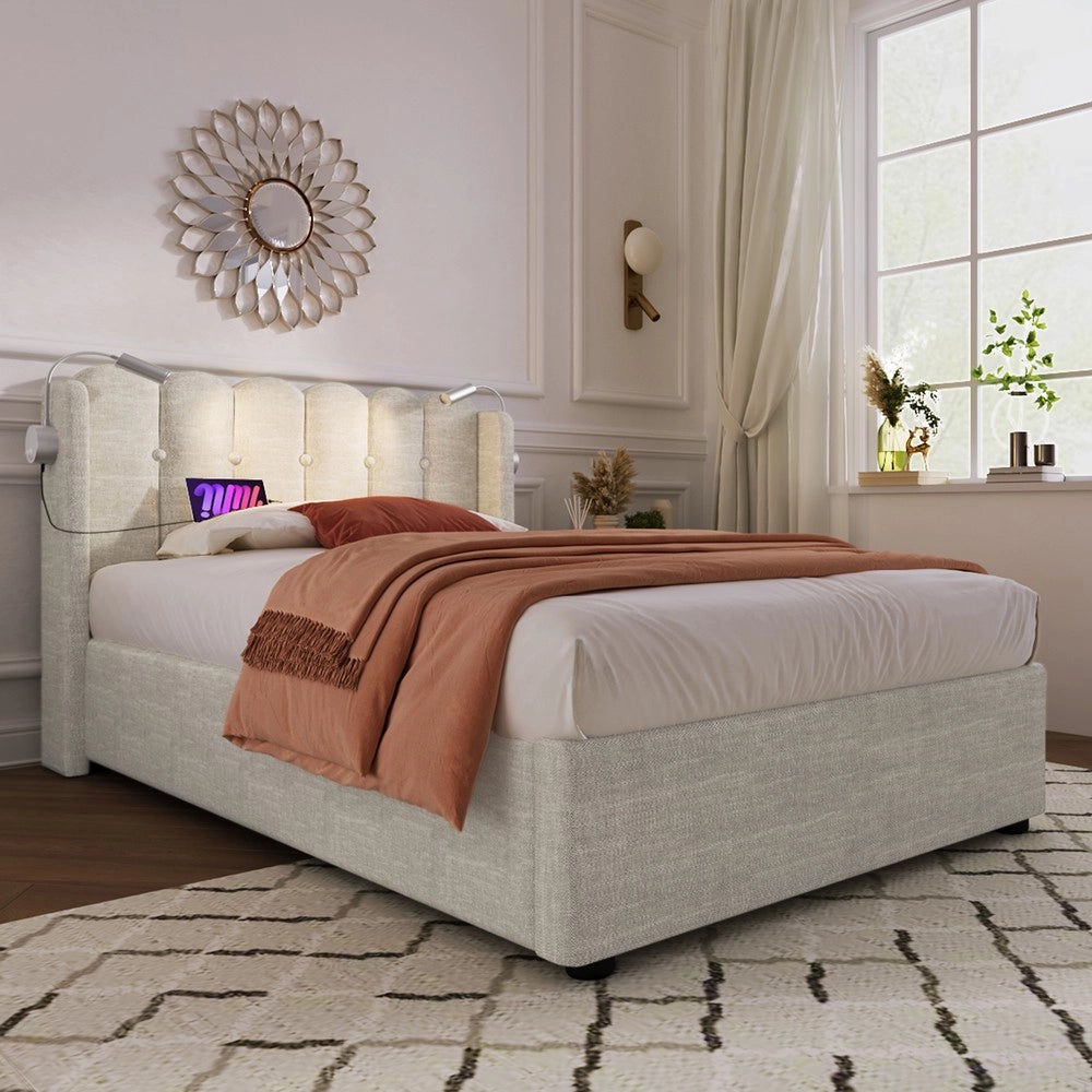 Letto Singolo Imbottito con Testiera LED e Contenitore ¨C MINIMAL ¨C Lino 90x200 con materasso
