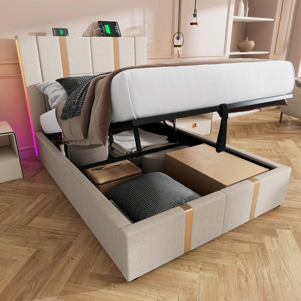Letto singolo imbottito 90x200 cm con contenitore; USB Tipo C; LED RGB; beige