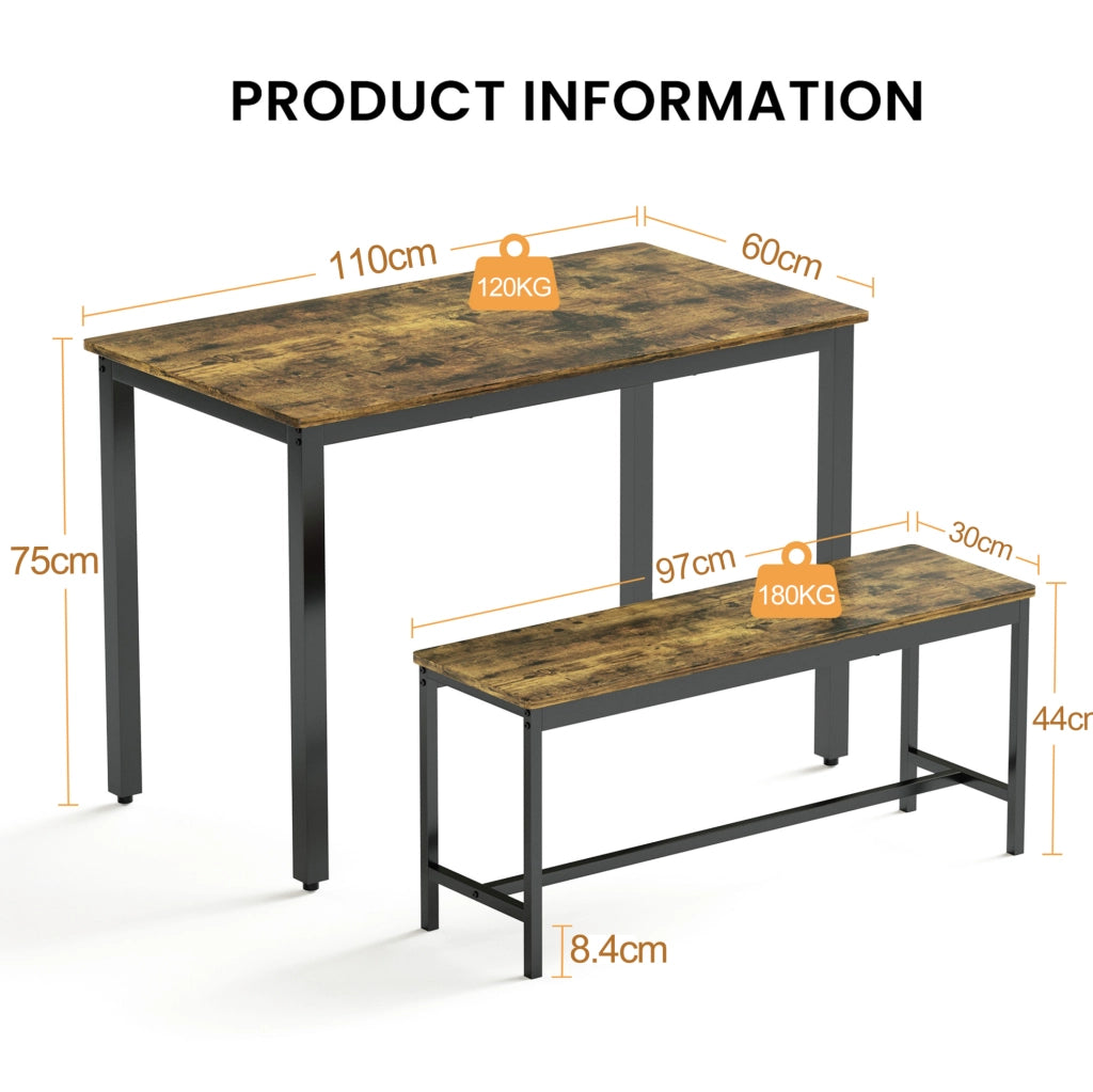 Set da pranzo industriale con tavolo 110x60x75 cm e 2 panche rustiche marrone e nero