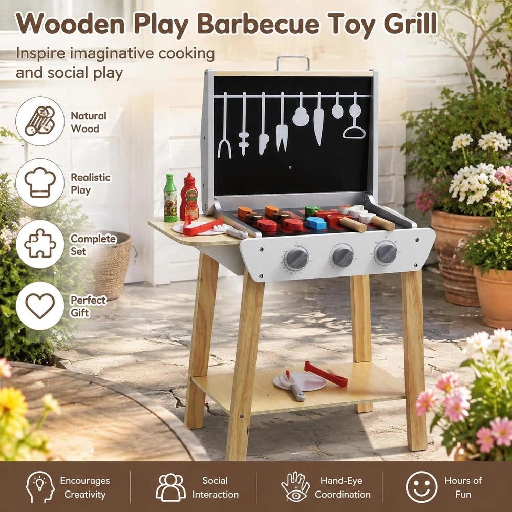 Wooden Toy Grill, Children's Grill Playset With Play Food And Grilling Tools, Wooden Kitchen Accessories For Play Food (21 Pieces), Role-playing Cooking Toy For Toddlers, Boys And Girls Aged 3 And Up, Gift