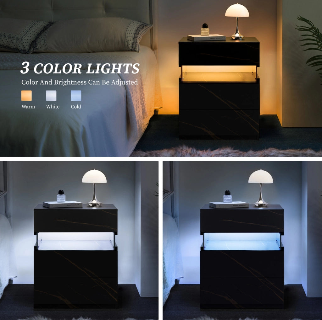 Comodino con LED RGB e 3 cassetti in legno ingegnerizzato nero e oro