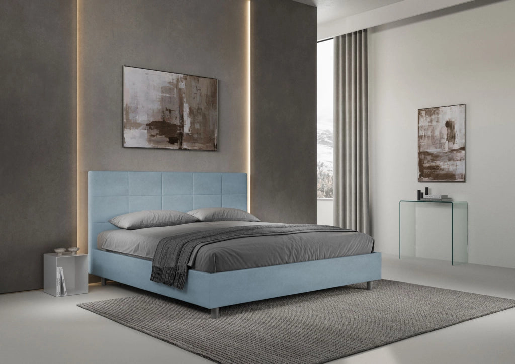 BS COM Letto matrimoniale king size con rete imbottito 190x210 microfibra azzurro