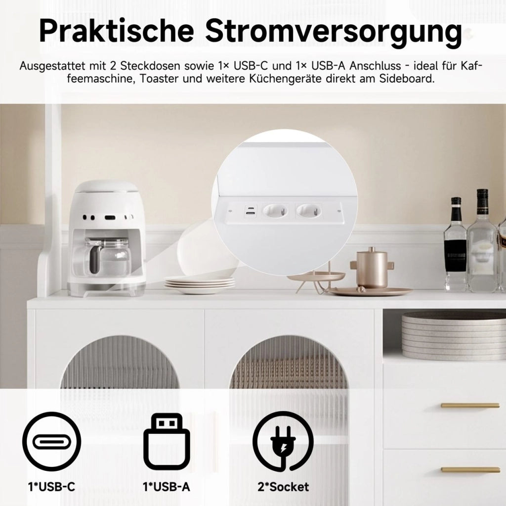 Credenza alta bianca con prese integrate e porte USB