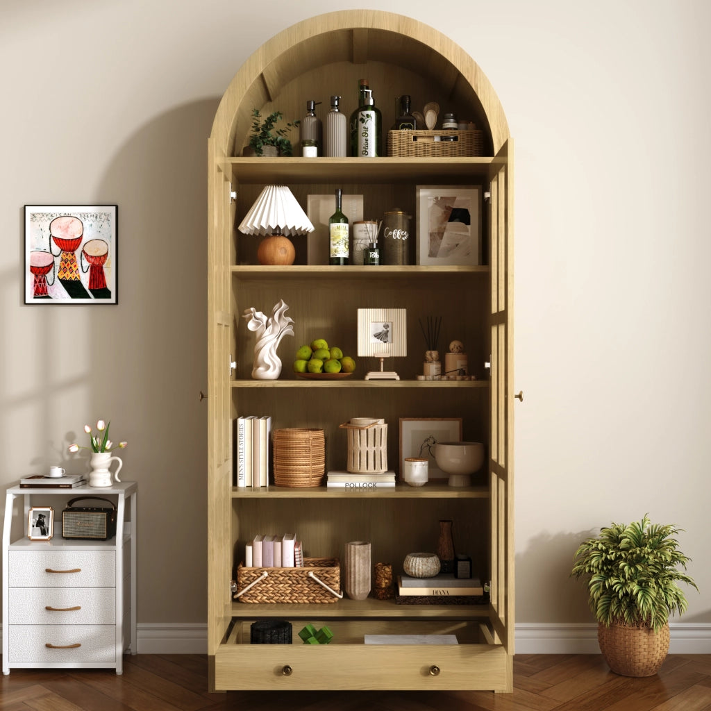 Vetrina ad arco con ante in acrilico trasparente e cassetto in MDF naturale per soggiorno 75 × 35 × 170.5 cm