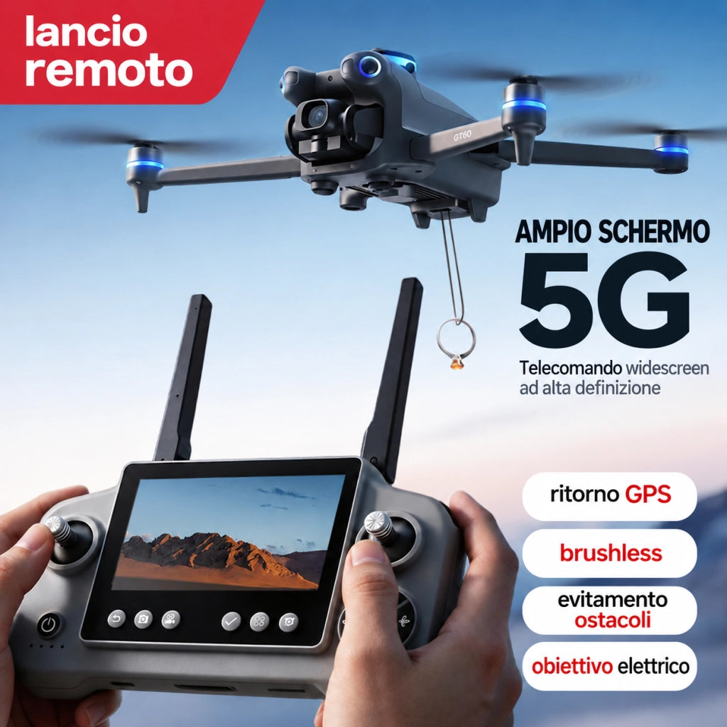 Drone pieghevole con telecamera GT60 720P GPS 1 batteria 3.7V 2650mAh 20 min schermo 4.3 evitatore ostacoli 245g gimbal 90 gradi 5G 12+ EIS borsa 6 CH