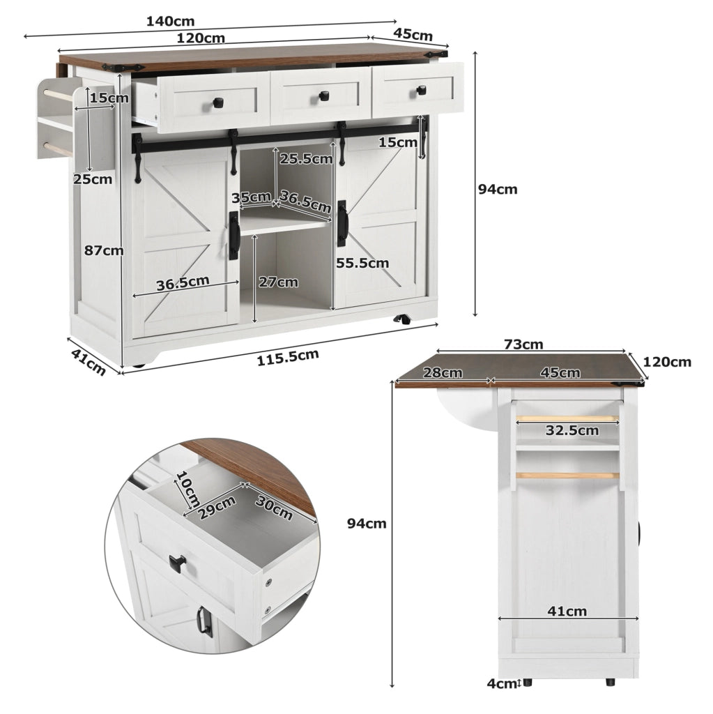 Isola cucina mobile con piano estraibile, 2 ante scorrevoli e 3 cassetti, carrello da cucina su ruote con finitura effetto legno