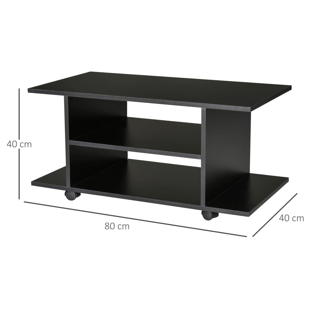 Mobile TV Moderno con Ripiani. Mobiletto Porta TV da 42" con Ruote Girevoli a Freni. 2 Piccolo Ripiani Laterali per Soggiorno e Camera da Letto. 80x40x40 cm. Nero