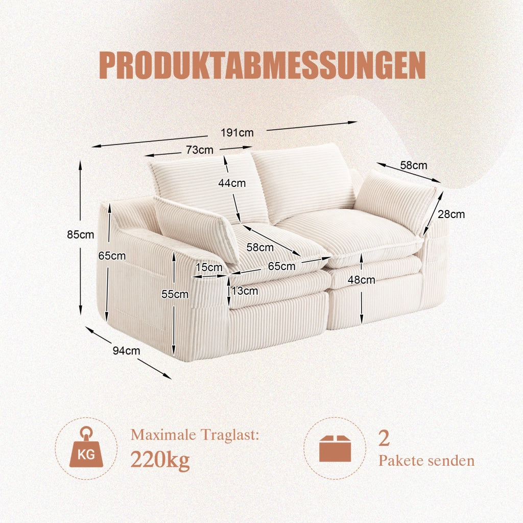 Divano 2 Posti in Tessuto a Coste con Cuscini ¨C MINIMAL ¨C Beige