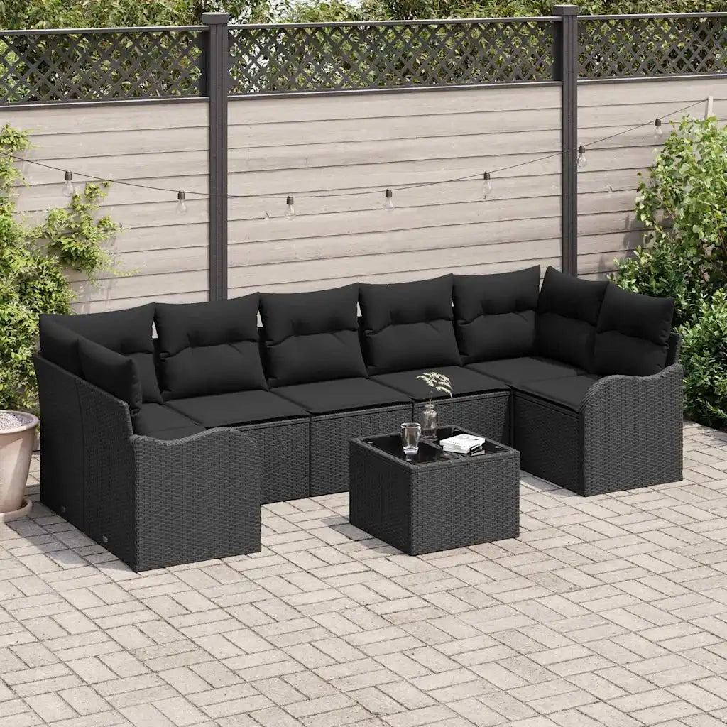 Set Divano da Giardino 8 pcs Nero Polyrattan, Acciaio e Vetro