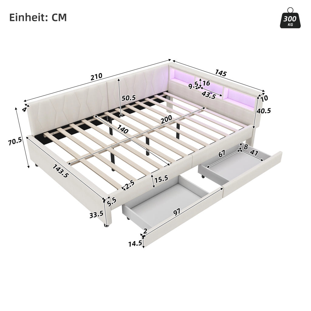 Letto con cassetti 140 × 200 cm con LED USB e Type-C in lino e MDF beige