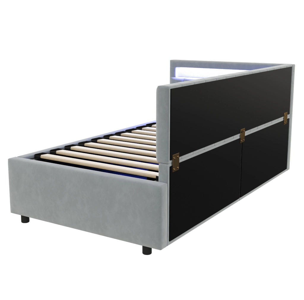 Letto singolo imbottito 90x200 cm in velluto grigio con LED e vano idraulico