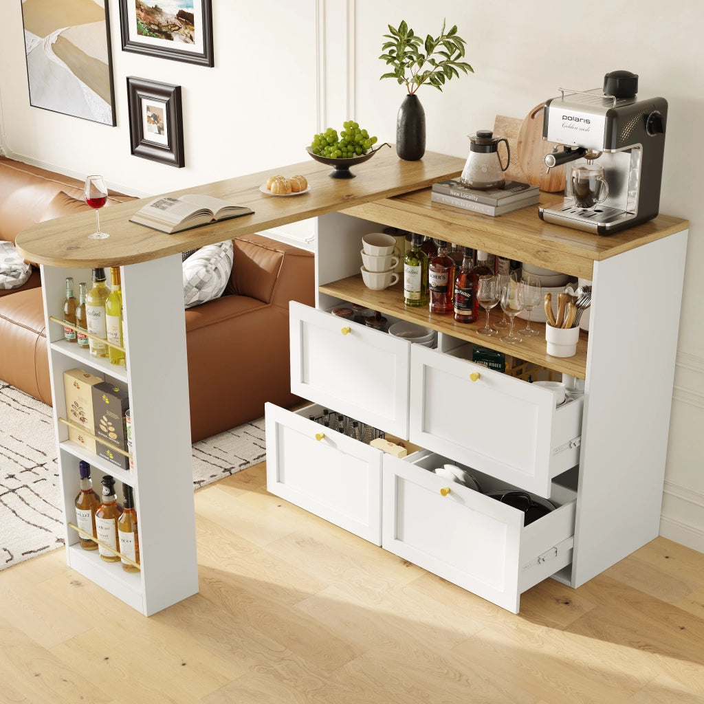 Mobile contenitore 105x39x102 cm con ripiano laterale girevole a 360°; 4 cassetti e ripiani aperti; MDF bianco