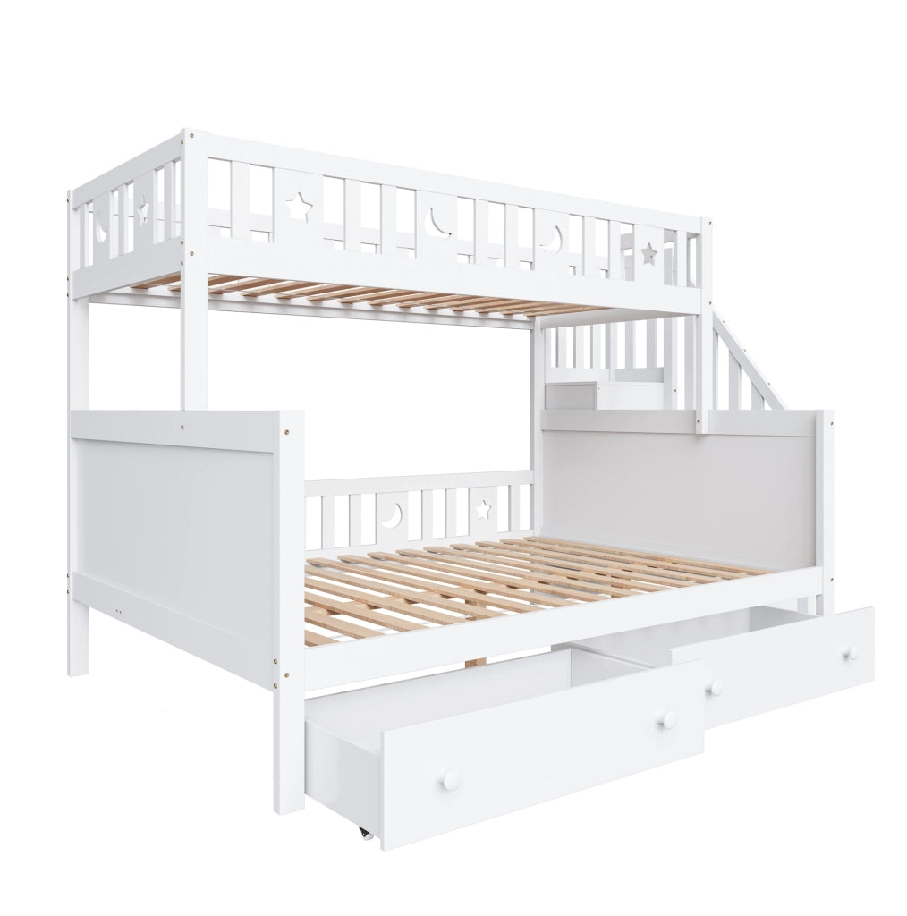 Letto a castello per bambini 90x200/140x200 cm con scala contenitore e cassetti bianco