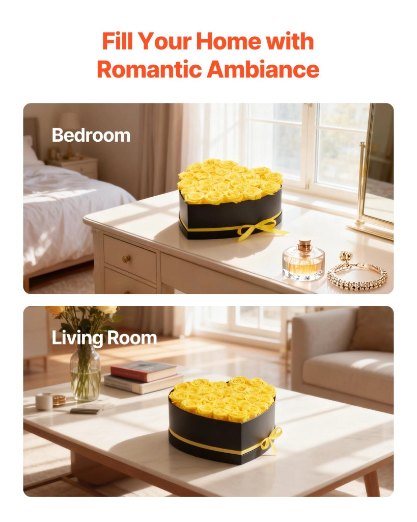Bouquet di Fiori Eterni con 27 Rose Stabilizzate Heart-27S Scatola a Cuore Giallo per Decorazione Casa
