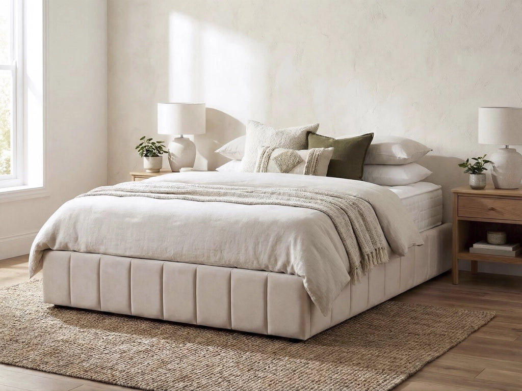 Letto matrimoniale in velluto con contenitore e rete "Meribel" - Beige - 160 x 200 cm