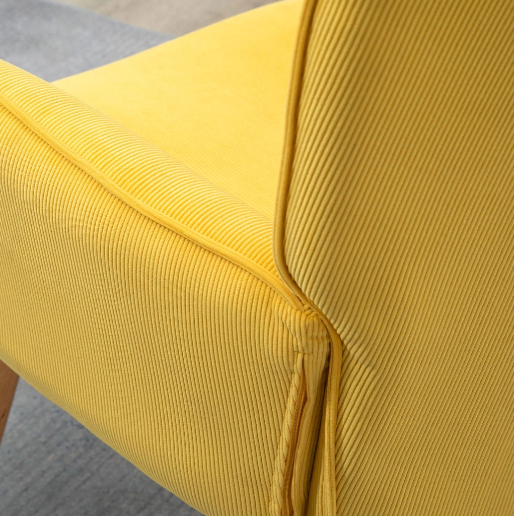 Poltrona relax gialla con ottomana e gambe in legno