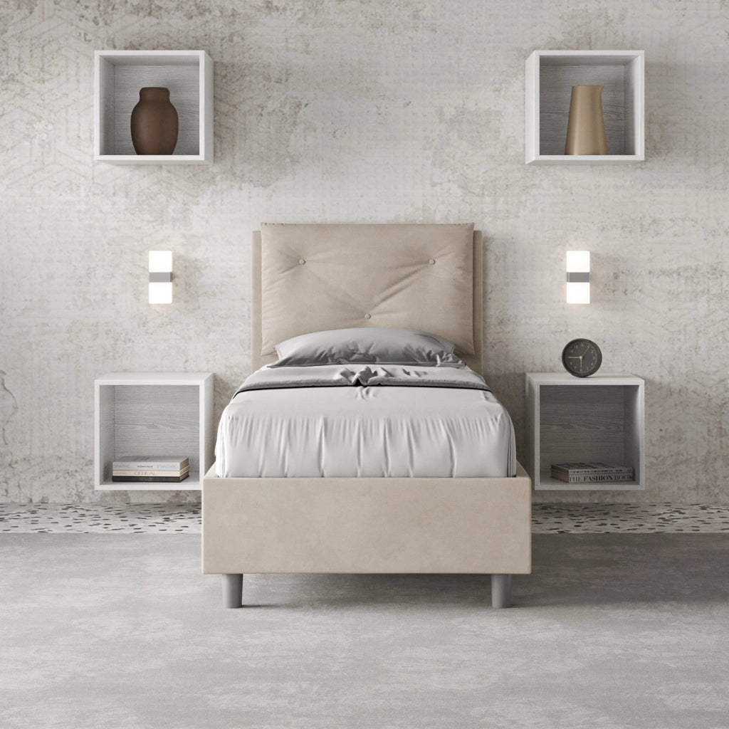 BS COM Letto singolo contenitore imbottito 90x210 microfibra sabbia