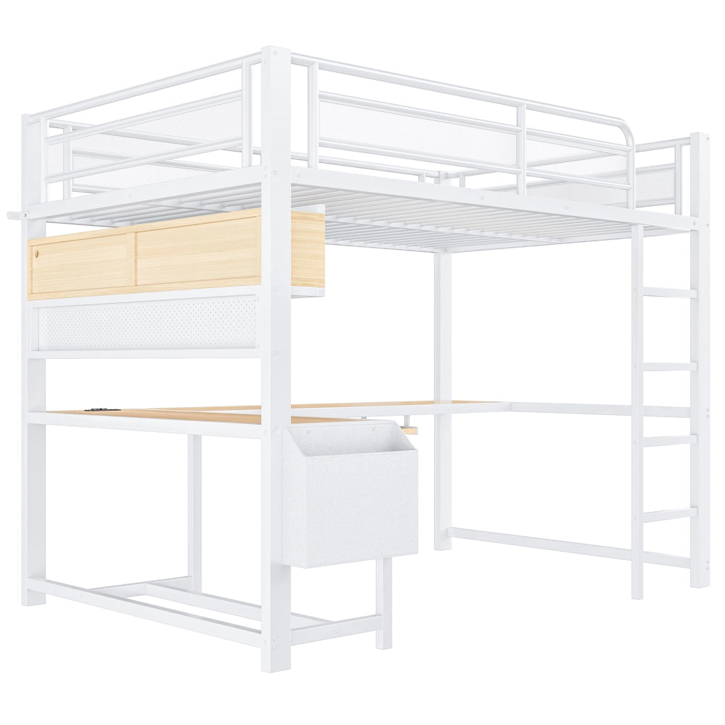 Letto a soppalco 140x200 con scrivania; LED 7 colori; prese e USB; bianco