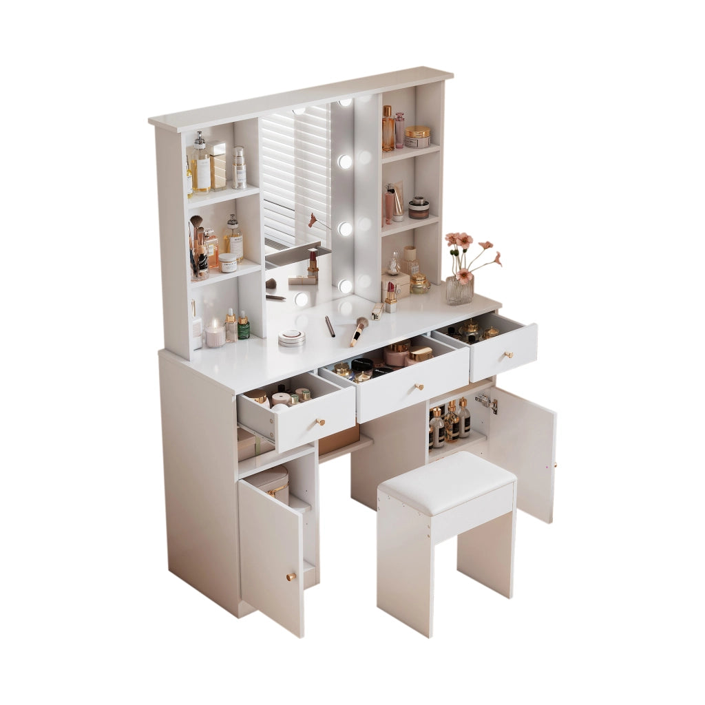 Tavolo da toeletta con specchio LED, 3 cassetti, 2 ante e 4 ripiani, per camera, bianco, 110 × 40 × 151 cm