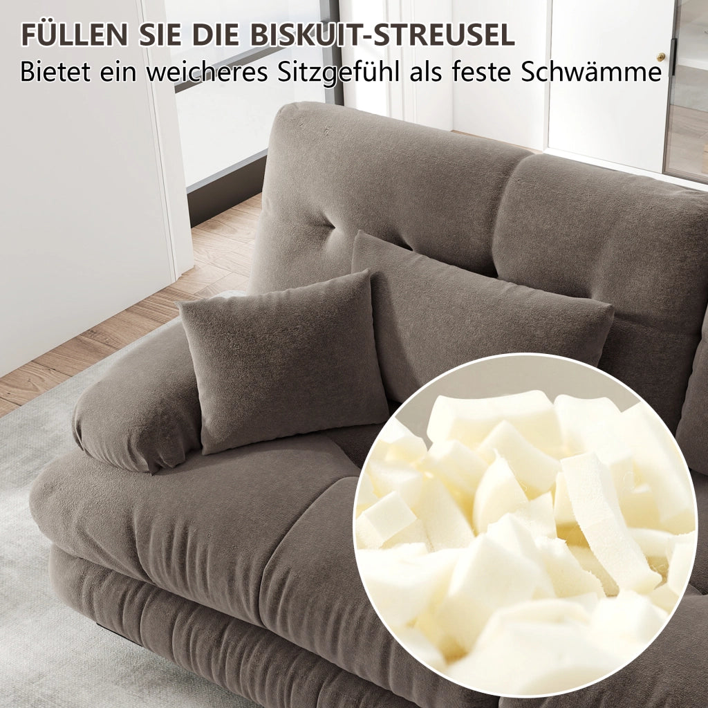 Divano modulare in ciniglia marrone con seduta profonda cuscini decorativi e supporto lombare
