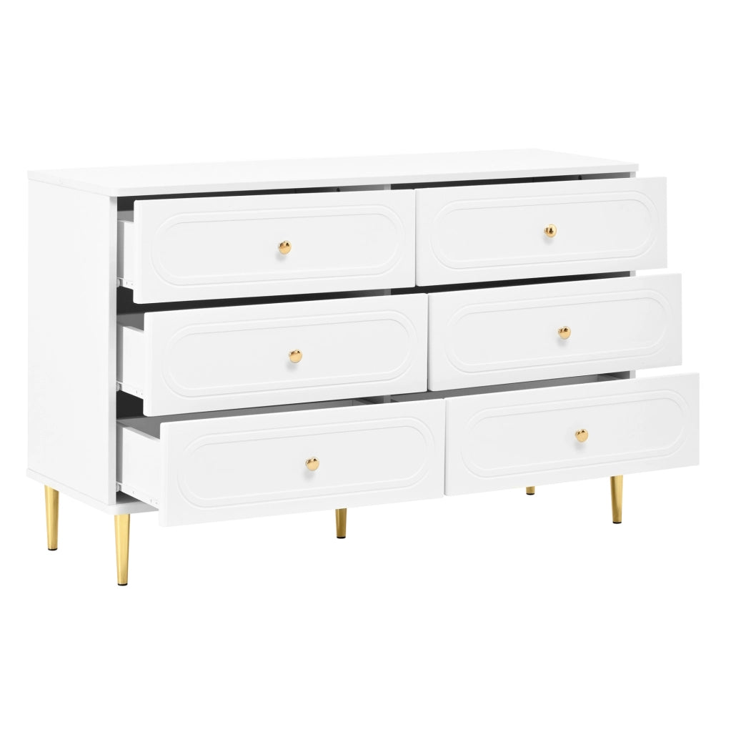 Sideboard moderno bianco con 6 cassetti, frontali con rientranze ovali e piedi in metallo 120x40x75 cm
