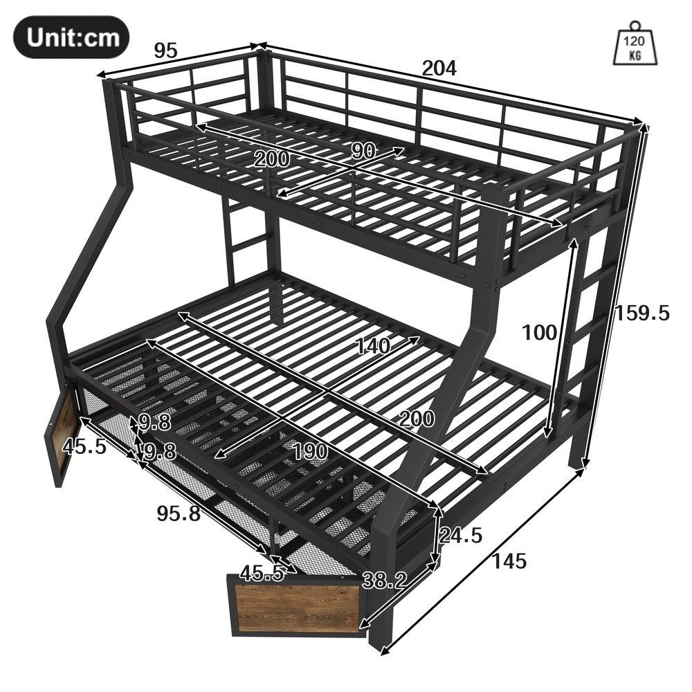 Letto a Castello per Bambini con Cassetti e Scala ¨C MINIMAL ¨C Nero 90x200 / 140x200