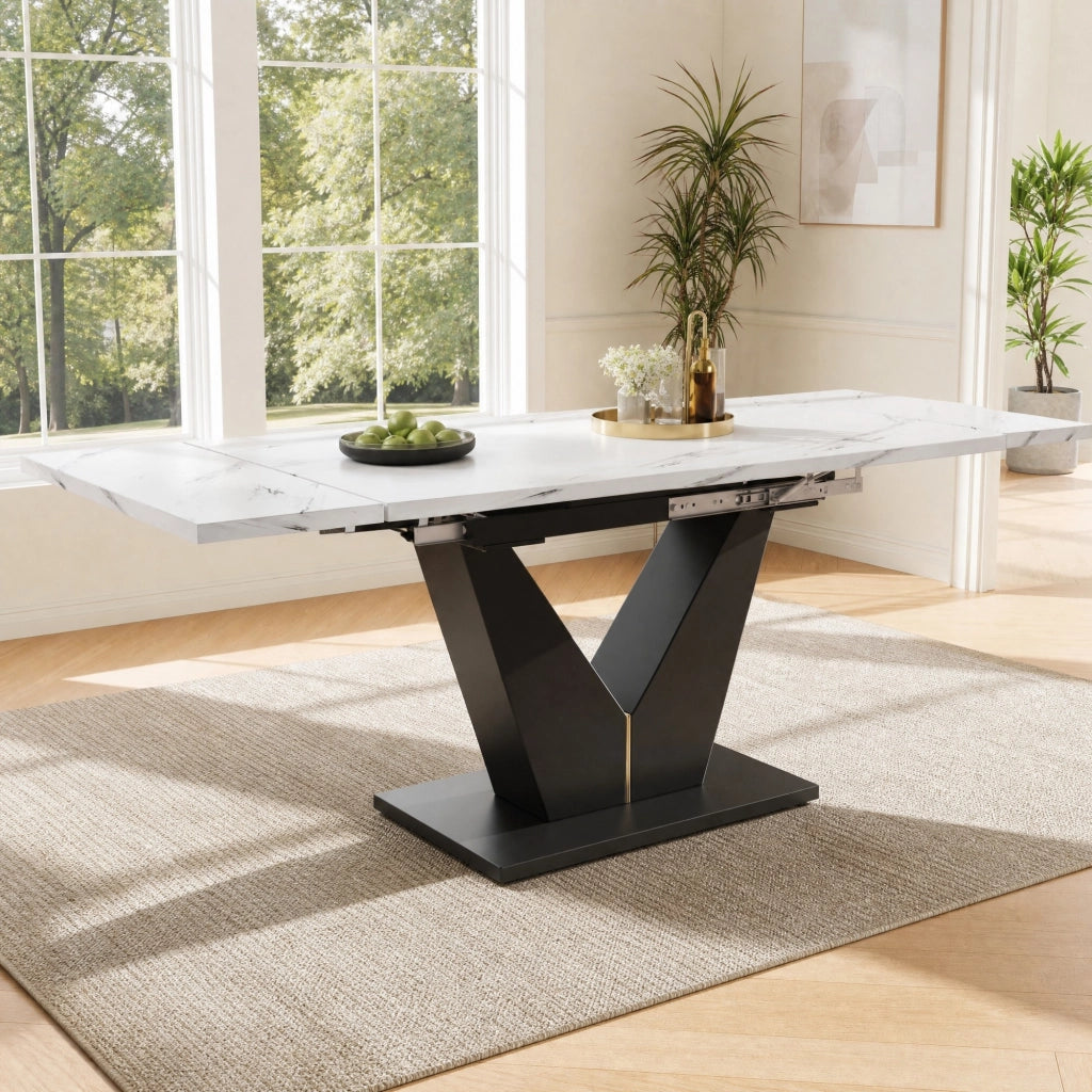 Tavolo da pranzo allungabile 99-159x75x75 cm, piano in MDF effetto marmo, bianco e nero, struttura in metallo